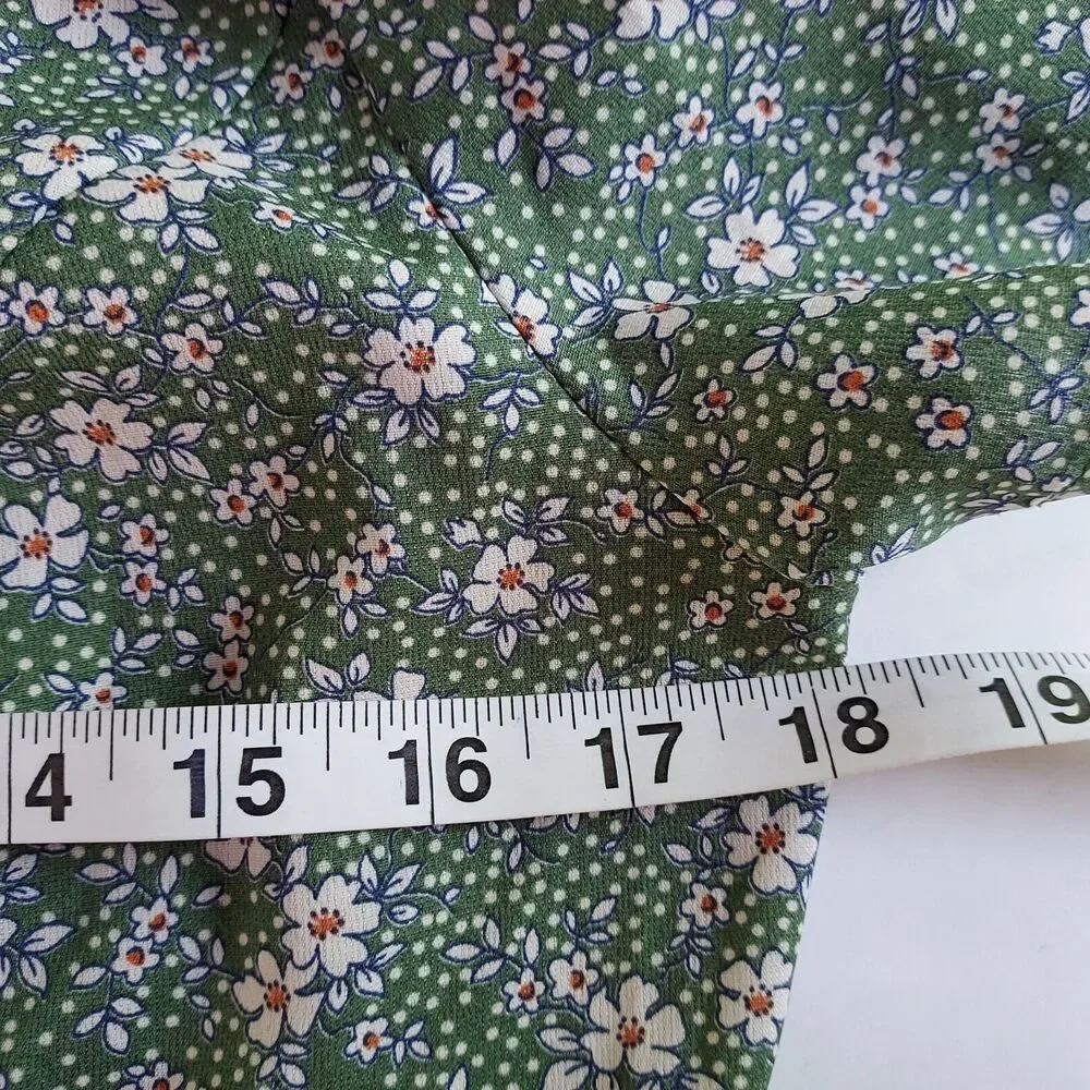 Shein Wrap Dress Size 6 Ruffle Flowy Short Sleeves Green White Floral Retro